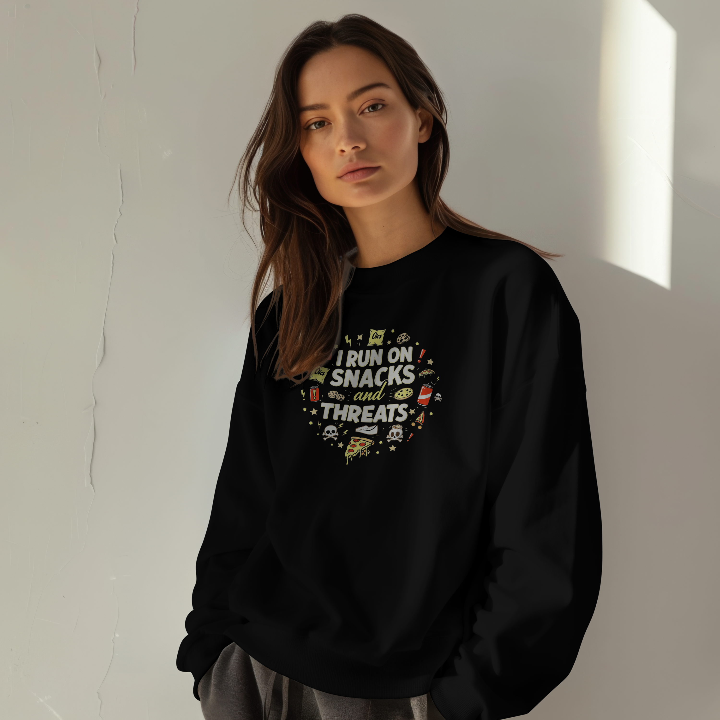 I Run on Snacks and Threats T-Shirt – Funny Mum Slogan Tee | Unisex Graphic Shirt